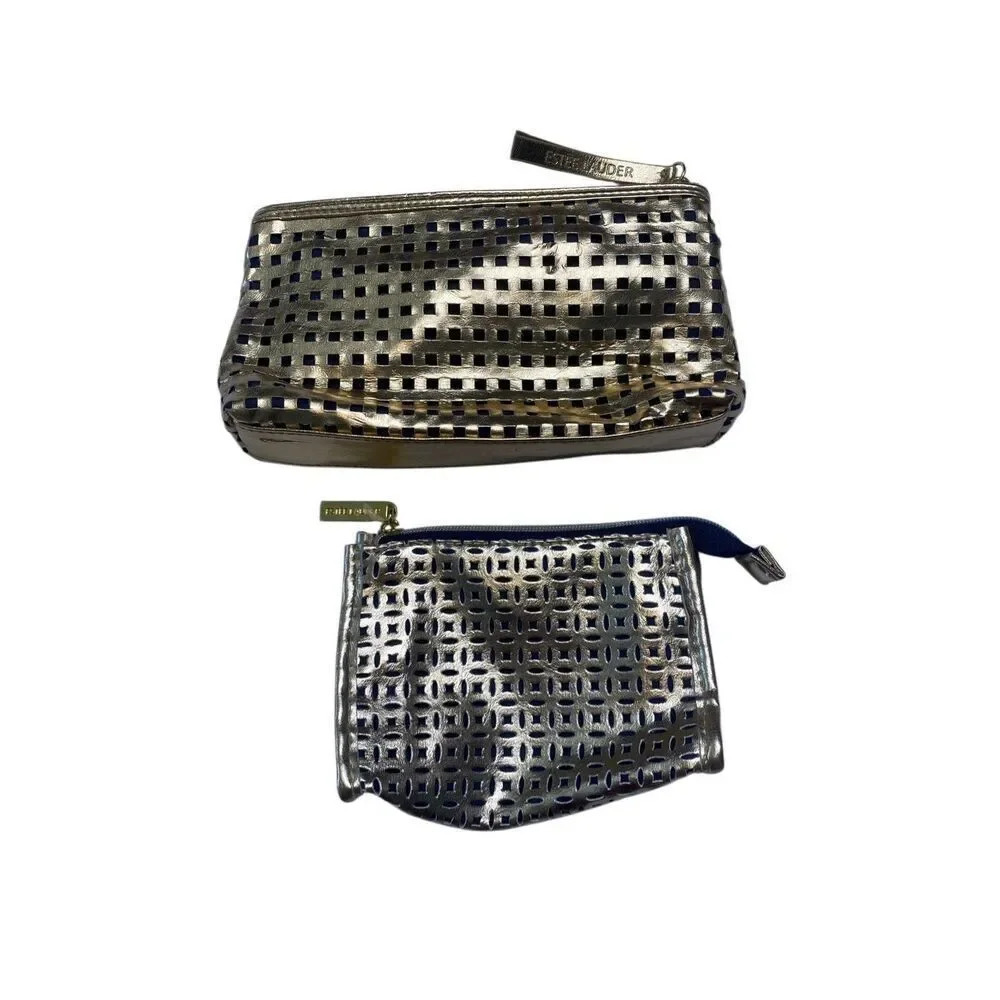 Estée Lauder Womens Beauty Cosmetic Makeup Travel Bag Gold Metallic Lot Of 2